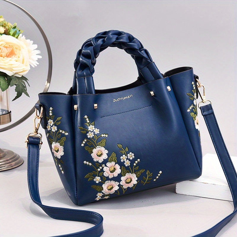 realaiot  Classic Flower Embroidered Tote Bag, Elegant Satchel Bag With Twisted Strap, All-Match Bag For Work