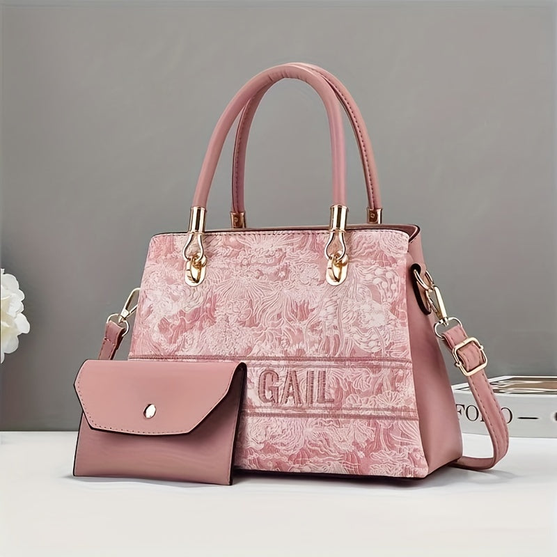 realaiot  2pcs Flower Embroidery Handbag Set, Elegant Tote Bag With Clutch Purse, Women's Luxury Crossbody Bag
