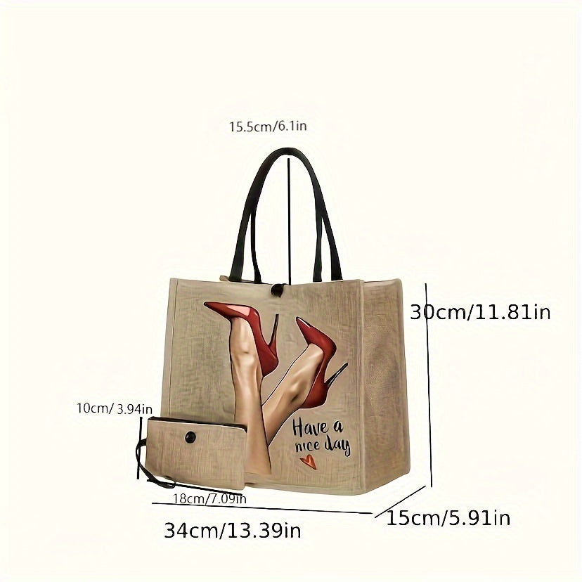 Large Capacity Tote Bag, Simple Printed Mummy Bag, Portable Travel Storage Bag, Lightweight Shopping Bag With Coin Purse