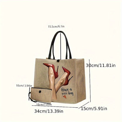 Large Capacity Tote Bag, Simple Printed Mummy Bag, Portable Travel Storage Bag, Lightweight Shopping Bag With Coin Purse