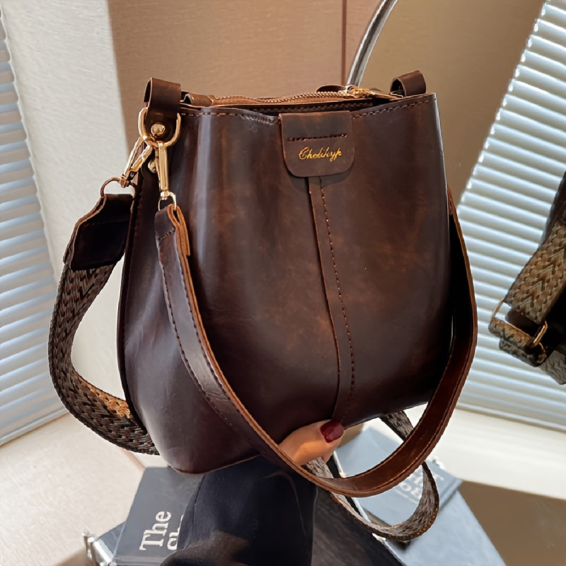realaiot  Large Capacity Vintage Tote Bag, Niche Design Shoulder Bag, Versatile PU Leather Crossbody Bag For Female