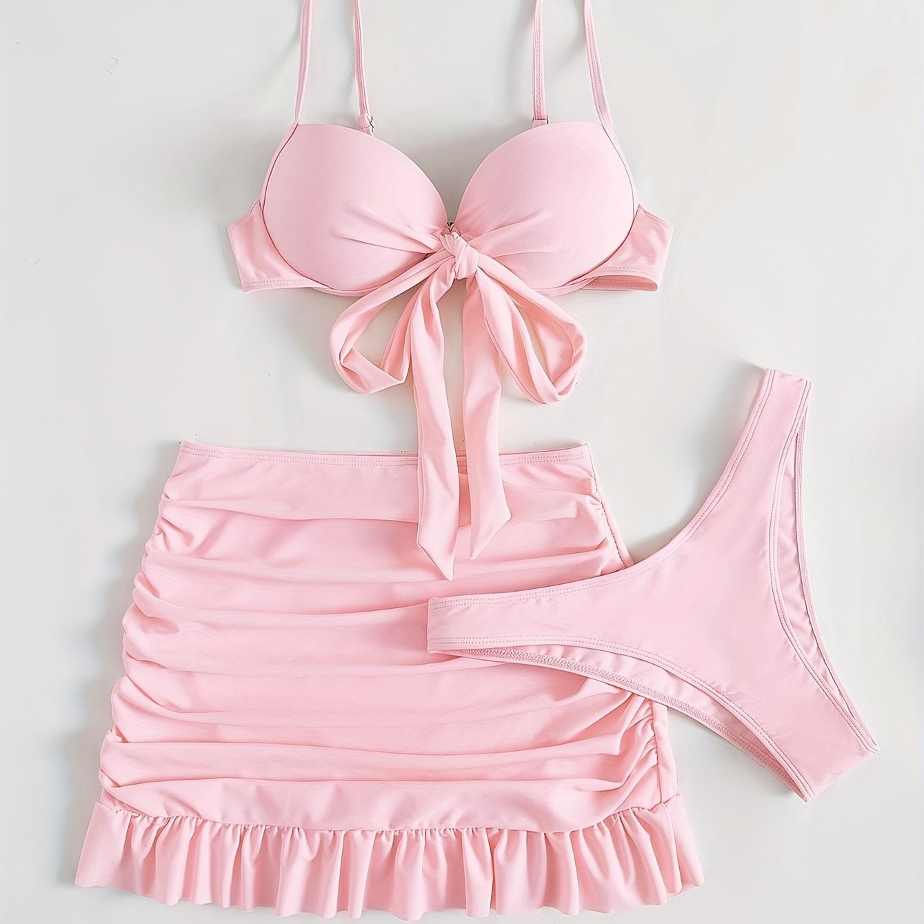 Three-Piece Beach Vacation Bikini Set - Stylish Tie-Front Top, Flirty Ruffle Hem Skirt, and Comfortable Swim Bottoms with Adjustable Straps, Perfect for Summer Getaways and Pool Parties