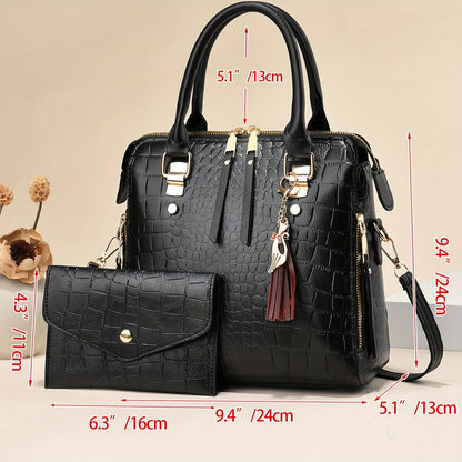 realaiot 2pcs Crocodile Pattern Bag Set, Trendy Tassel Decor Handbag, Women's Small Crossbody Bag With Clutch Bag