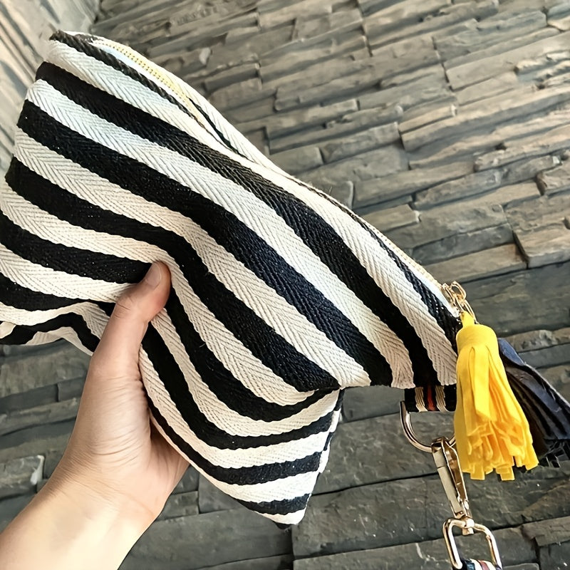 realaiot  Stylish Striped Tassel Clutch, Large Capacity Canvas Wristlet Bag With Zipper, Women's Fashion Casual Cosmetic Bag