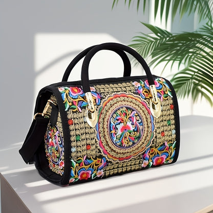 Vintage Embroidered Boston Bag, Retro Bohemian Tote Bag, Women's Ethnic Style Handbag & Purse