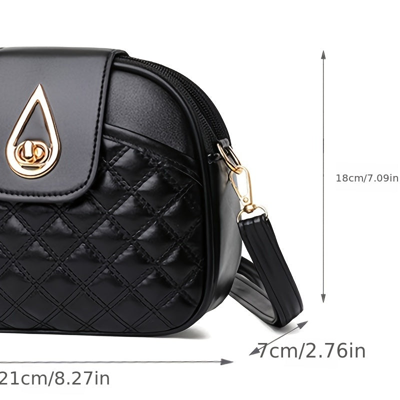 realaiot Quilted Detail Circle Bag, Trendy Turn Lock Zipper Purse, Women's Faux Leather Crossbody Bag