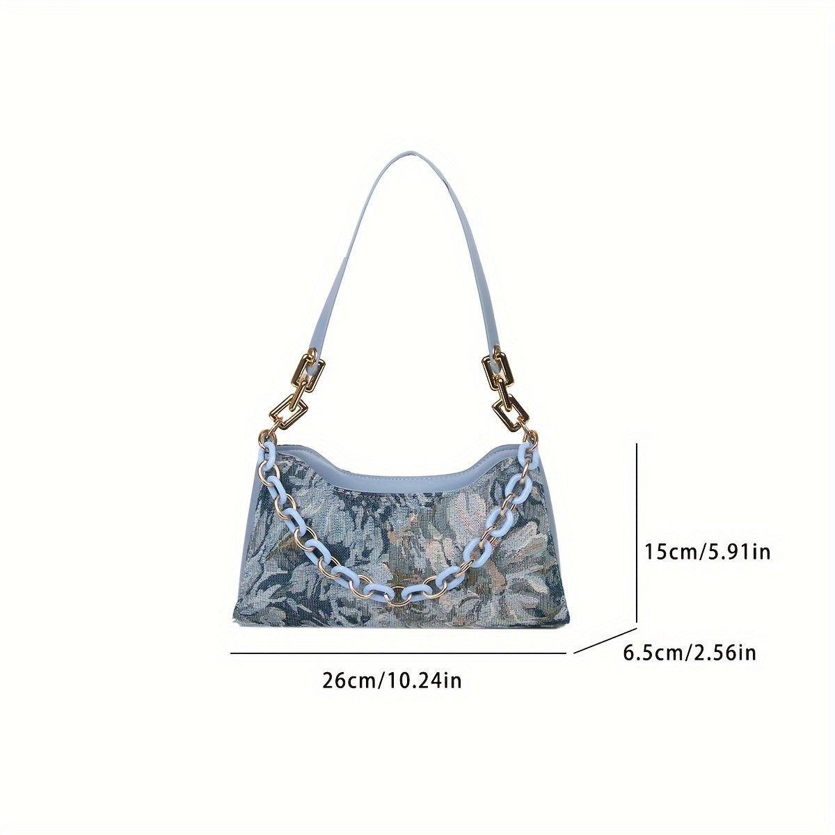 realaiot  Classic Flower Pattern Shoulder Baguette Bag, Niche Elegant Underarm Bag With Chain Decor