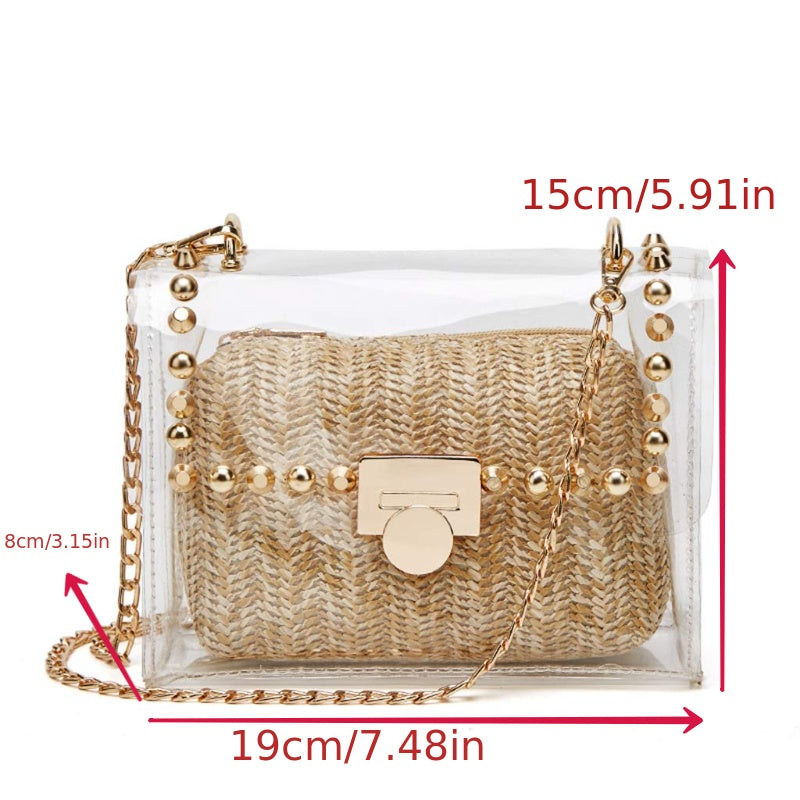 realaiot  Mini Clear Metal Chain Crossbody Bag With Straw Woven Inner Bag, PU Leather Textured Bag Purse, Classic Versatile Fashion Shoulder Bag