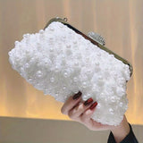 Faux Pearl Decor Evening Bag, 3D Flower Wedding Bridal Bag, Top Ring Clutch Purse For Prom Banquet