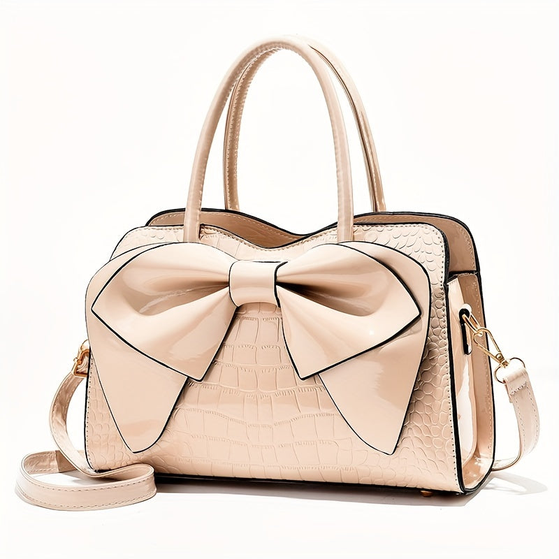 Trendy Crocodile Pattern Bow Tote Bag, All-match Solid Color Multi-pocket Shoulder Bag, Perfect Handbag For Commuting