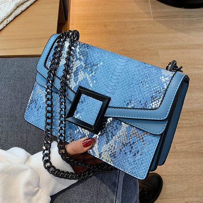 realaiot  Elegant Crossbody Square Bag - Retro Snake Skin Pattern Bag - Classic Flap Chain Shoulder Bag