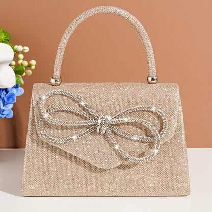 realaiot Mini Carnaval Elegant Rhinestone Bowknot Decor Evening Bag, Classic Shiny Top Handle Satchel Bag For Women And For Music Festival