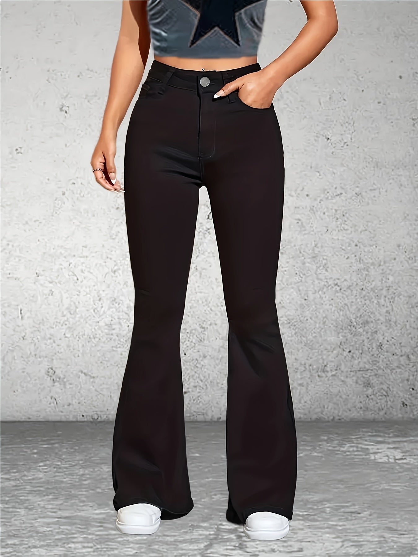 realaiot  High Rise Plain Flare Leg Jeans, Medium Stretch Slash Pocket Bell Bottom Denim Pants, Women's Denim Jeans & Clothing