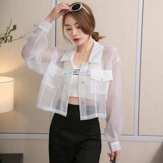 Women's summer long sleeve blouse turn down collar organza perspective high waist short shirt MLXLXXL