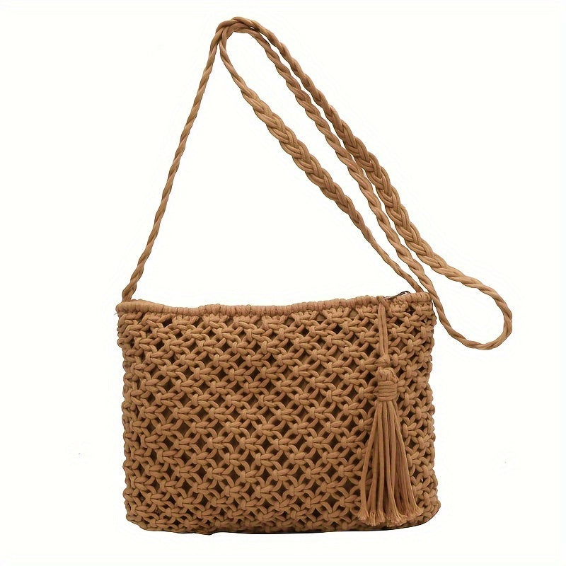 realaiot  Simple Woven Crossbody Bag, Aesthetic Tassel Square Purse, Bohemian Shoulder Bag For Women