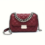Luxury Chain Crossbody Bag, Women's Argyle Quilted Handbag, Fashion Soft Leather PU Square Purse