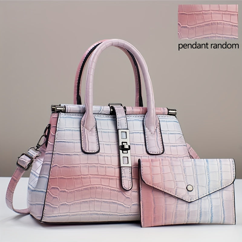 2Pcs Trendy Gradient Color Tote Bag Set, Multi-pocket Divider Crocodile Pattern Shoulder Bag & Coin Purse, Perfect Handbag For Commuting