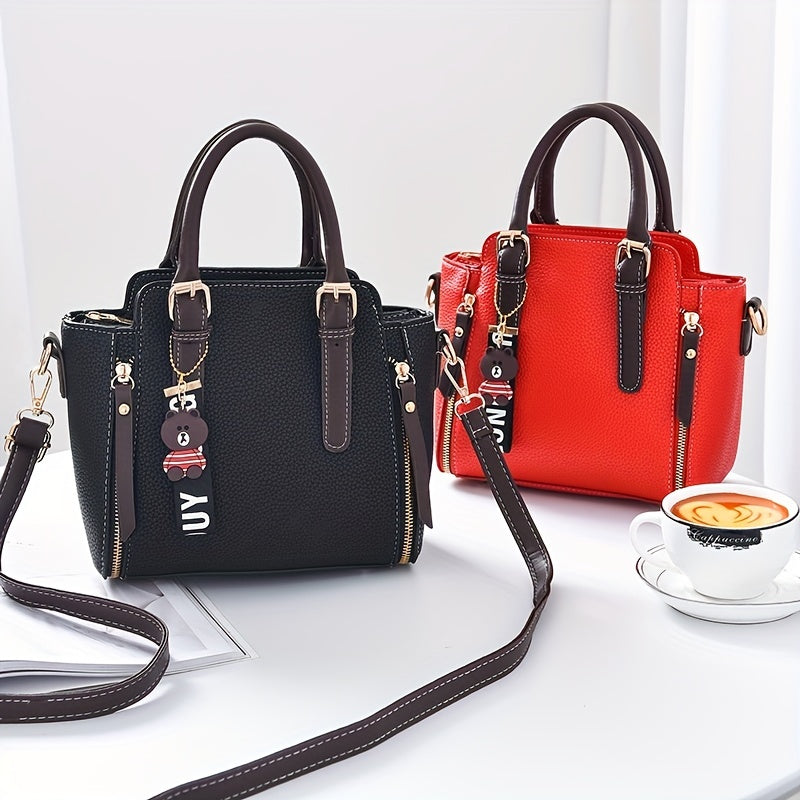 realaiot  Fashion Zipper Decor Handbag, Small PU Crossbody Bag, Women's Top Handle Satchel Purses