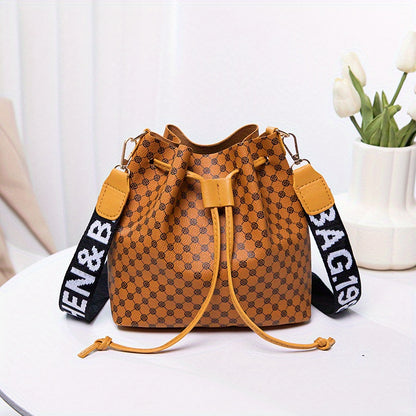 realaiot  Vintage Small Geometric Pattern Bucket Bag, Classic Drawstring Shoulder Bag, Mini Letter Pattern Strap Crossbody Bag