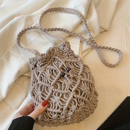 Handmade Woven Bucket Bag, Retro Drawstring Crossbody Bag, Hollow Mini Shoulder Bag For Women