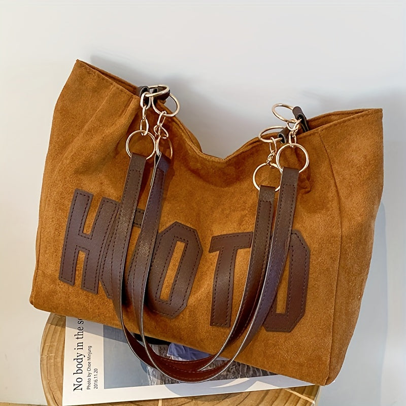 Letter Graphic Tote Bag, Trendy Chain Shoulder Bag, Large Capacity Commuter Handbag