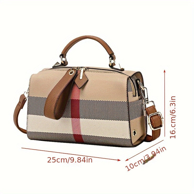 realaiotLuxury Plaid Pattern Handbag, Trendy Top Handle Square Purse, Classic Style Crossbody Bag For Women