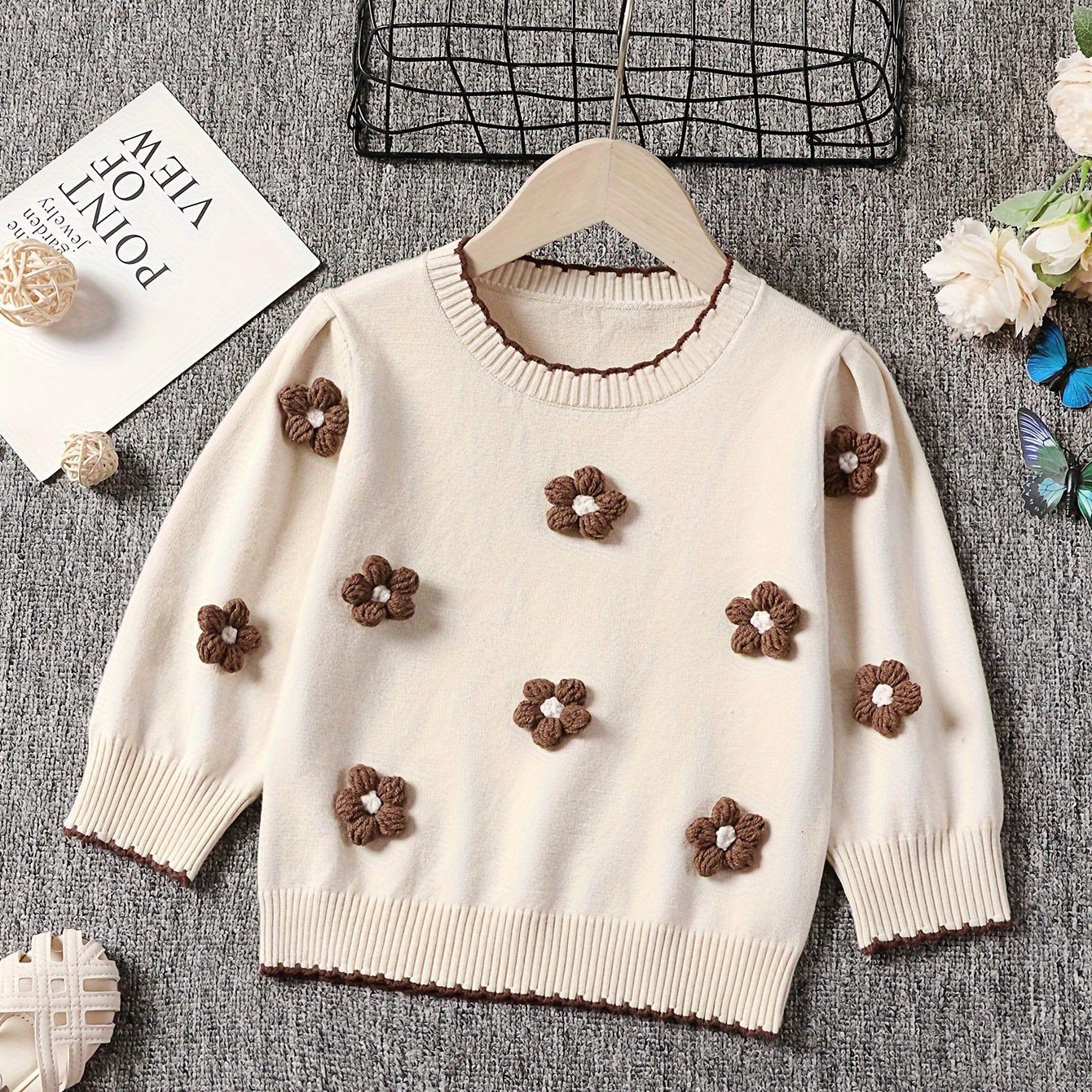 Flowers Decor Lettuce Trim Knit Sweater For Girls, Comfy Warm Long Sleeve Jumper Top Pullover, Fall/ Winter Clothing