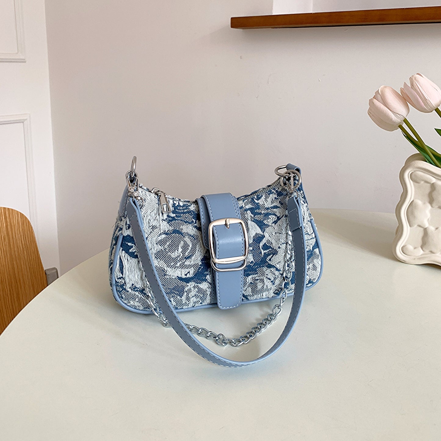 Y2K Denim Crossbody Handbag, Chain Decor Shoulder Bag, Buckle Decor Stitch Chain Baguette Bag