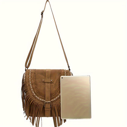 realaiot  Imitation Suede Fringe Hobo Bag, Vintage Tassel Crossbody Bag, Trendy Western Style Flap Shoulder Bag