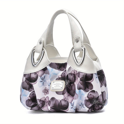 realaiot Floral Print Top Handle Tote Bag, Fashion PU Satchel Bag, Women's Trendy Casual Handbag & Purse