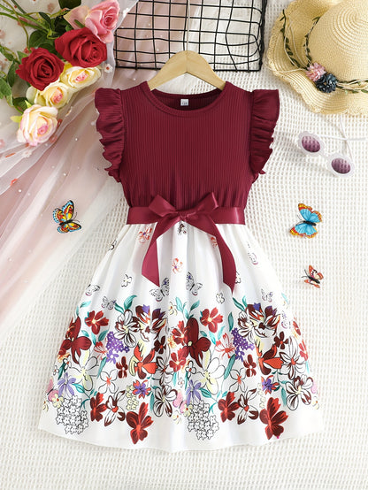 Floral Sleeveless Dress with Flutter Trim & Bow Belt - Perfect Summer Attire