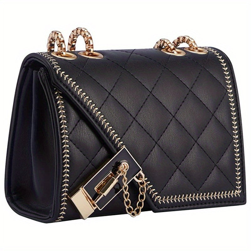 realaiot  Mini Quilted Metal Chain Crossbody Bag, PU Leather Textured Bag Purse, Classic Versatile Fashion Shoulder Bag