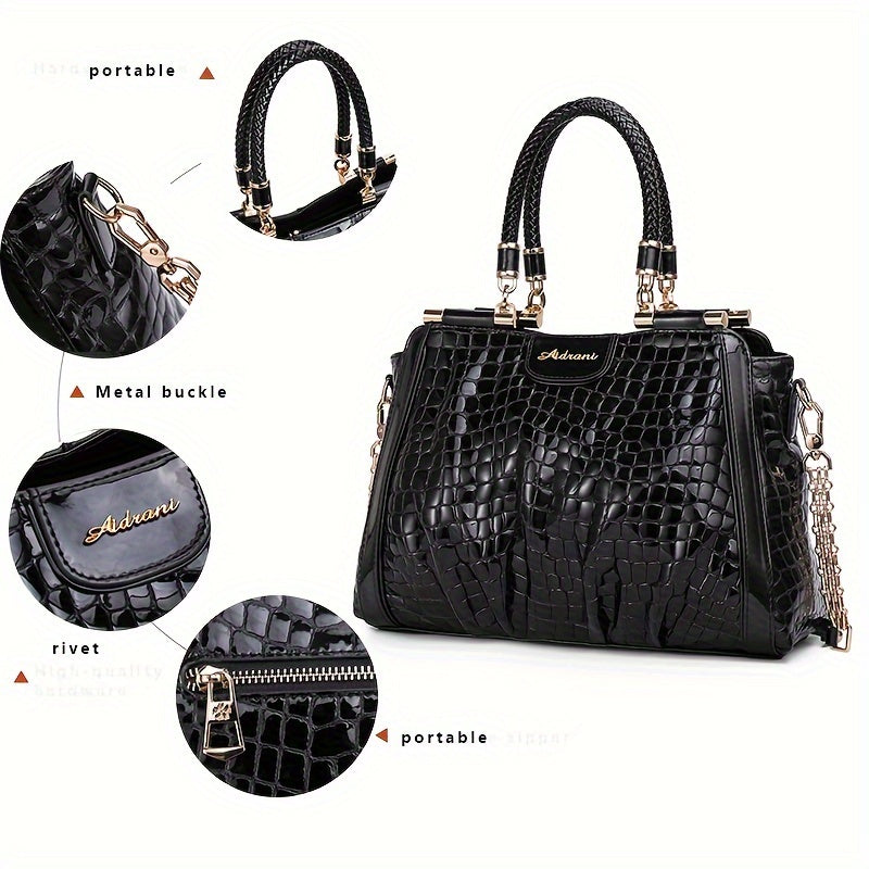 realaiot  Luxury Crocodile Pattern Handbag, Genuine Leather Crossbody Bag, Elegant Satchel Purse For Women