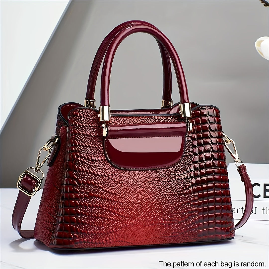 realaiot  Elegant Crocodile Pattern Handbag, Women's PU Satchel Purse, Top Handle Crossbody Bag