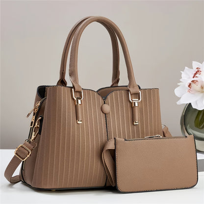 realaiot  2pcs Striped Tote Bag Set, Fashion Solid Color Handbag, Women's Crossbody Bag With Clutch Coin Purse