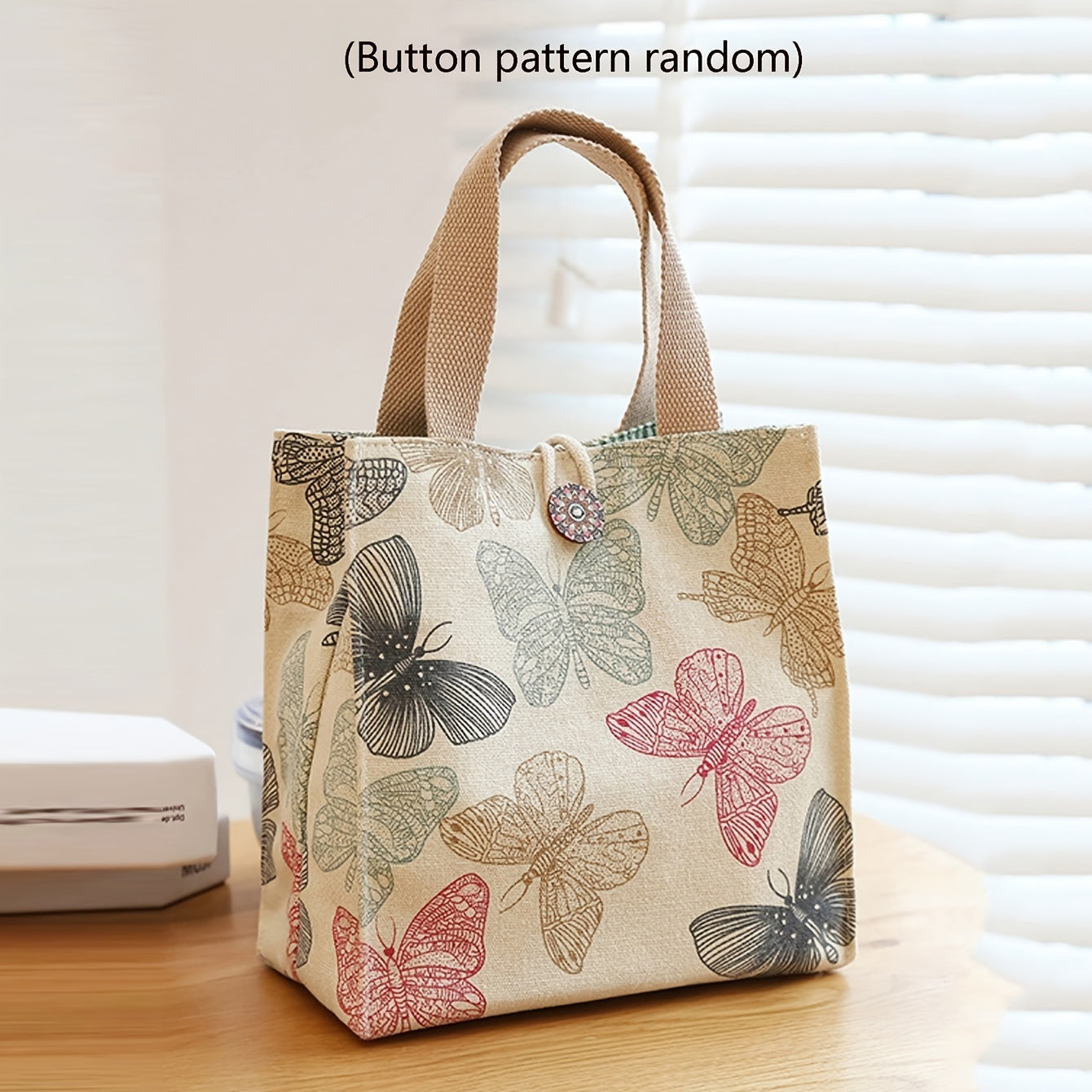 realaiot Aesthetic Butterfly Print Tote Bag, Portable Lunch Bento Bag, Perfect For School, Travel, Picnic, Office