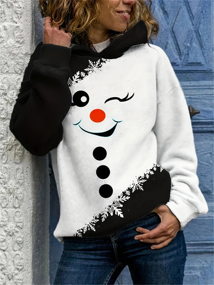 Women's Plus Size Elegant Christmas Hoodie - Polyester Blend Pullover with Contrast Snowflake Design for All-Season Fashion