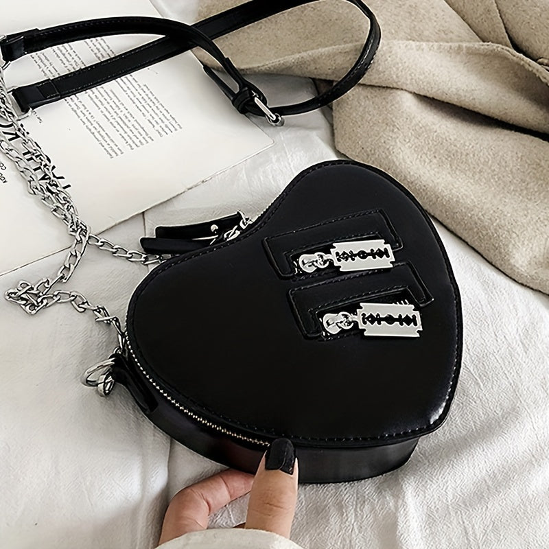 realaiot  Love Heart Shaped Crossbody Bag, Gothic Zipper Shoulder Bag, Mini Punk Style Purse For Women