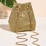 Mini Glitter Bucket Evening Shoulder Bag, All Over Rhinestone Decor Handbag, Luxury Handbag For Party Prom