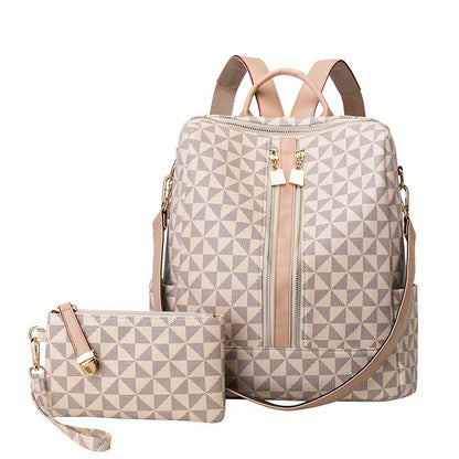 Geometric Pattern Backpack Purse, Fashion Two-way Shoulder Bag, Zipper Front Travel School Bag