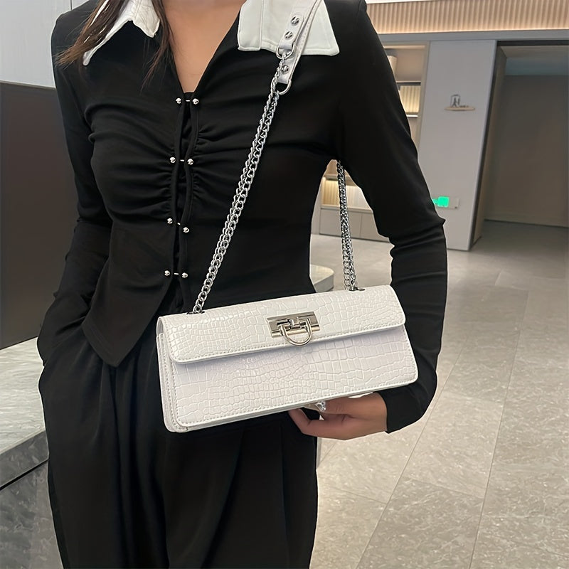 realaiot  Crocodile Pattern Baguette Bag, Luxury Chain Shoulder Purse, Fashion Crossbody Bag For Women