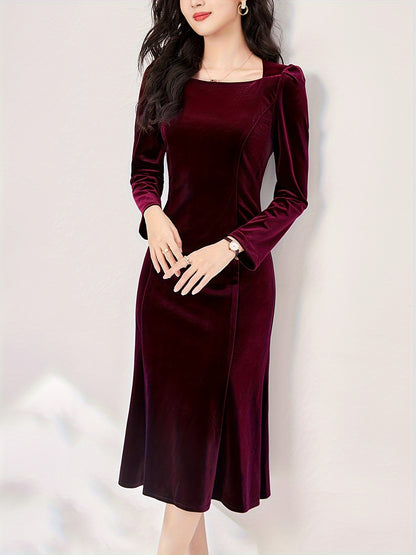 realaiot  Solid Square Neck Slim Dress, Elegant Long Sleeve Ruffle Hem Velvet Dress For Spring & Fall, Women's Clothing