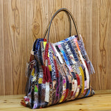 realaiot  Vintage Snakeskin Pattern Tote Bag, Colorful Stripe Matching Shoulder Bag, Women's Leather Hobo Bag