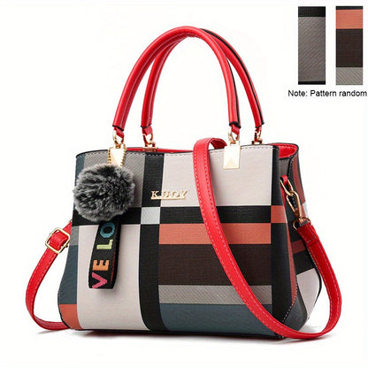 realaiot  Plaid Pattern Satchel Bag, Stylish Colorblock Double Handle Purse, Women's Fashion Crossbody Bag