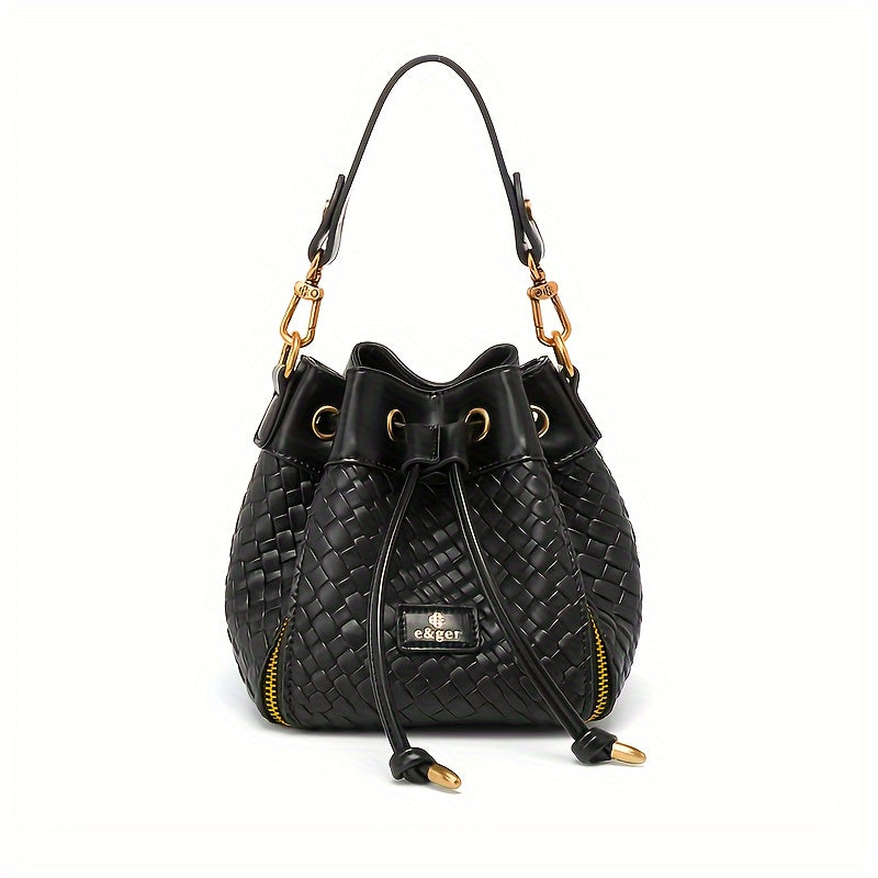 Mini Woven Drawstring Bucket Bag, Trendy PU Crossbody Bag, Women's Casual Fashion Shoulder Purse & Handbag (16.0cm X 16.0cm X 15.01cm)
