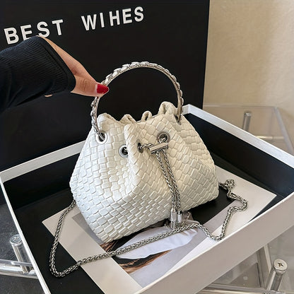 realaiot Mini Woven Bucket Bag For Women, Trendy Rhinestone Handbag, PU Leather Crossbody Bag With Chain Strap