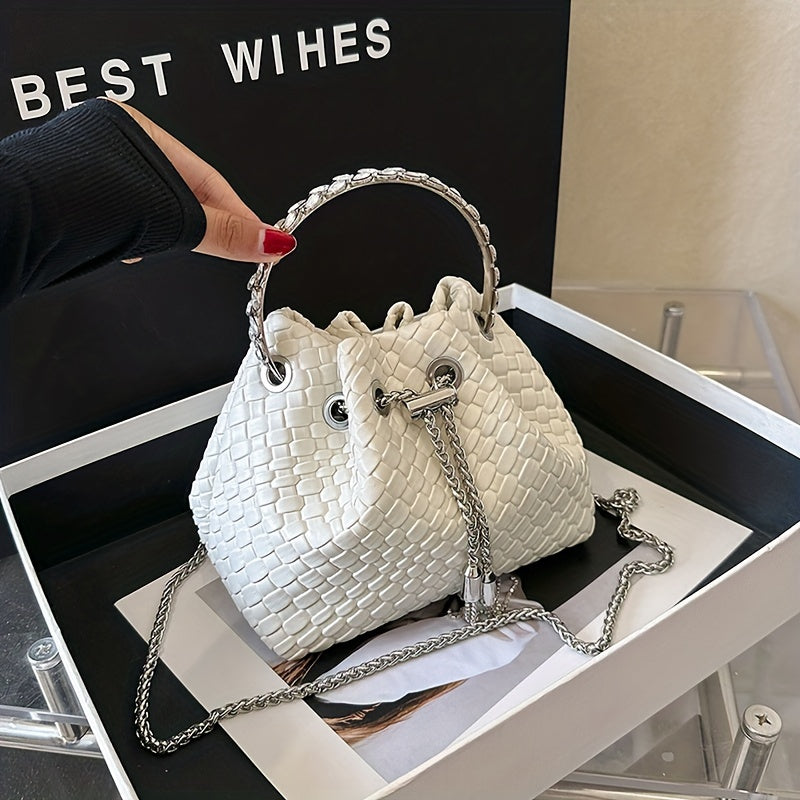 Mini Woven Bucket Bag For Women, Trendy Rhinestone Handbag, PU Leather Crossbody Bag With Chain Strap