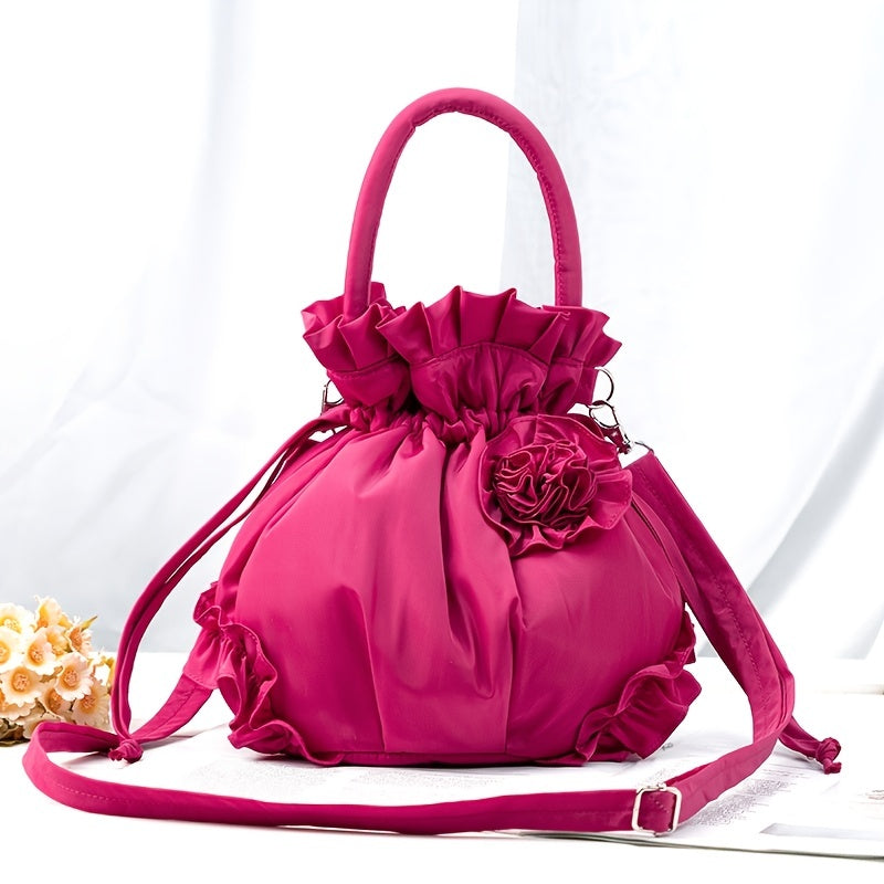 realaiot  Flower Decor Ruffle Trim Bucket Bag, Drawstring Design Top Handle Purse, Women's Fabric Shoulder Bag