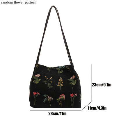 realaiot  All Over Flower Embroidered Shoulder Bag, All-Match Storage Handbag, Women's Ethnic Bag With Fixed Straps