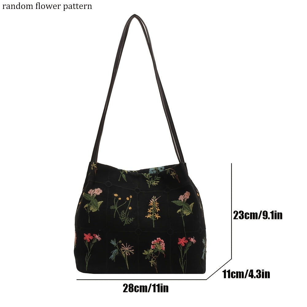 realaiot All Over Flower Embroidered Shoulder Bag, All-Match Storage Handbag, Women's Ethnic Bag With Fixed Straps